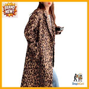 Leopard Print Wool Blend Pea Coat Double Breasted Trench Coat Winter Warm